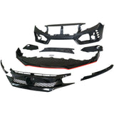 16-21 Honda Civic Type-R Style Front Bumper Cover +Upper Grille + Lip Black