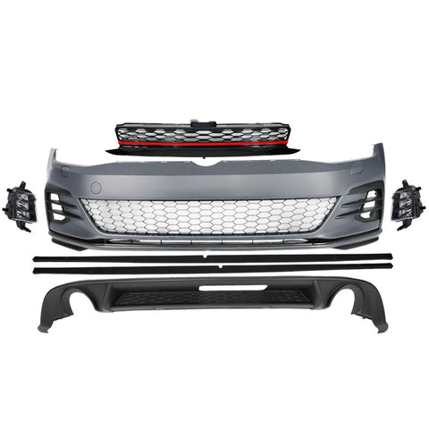 17-19 VW Golf 7.5 GTI Style Front Bumper Cover Kit + Fog Lights + Grille + Side Extensions + Diffuser