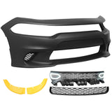 15-19 Dodge Charger Front Bumper Cover + Splitter Guards + Grille w/ Lights