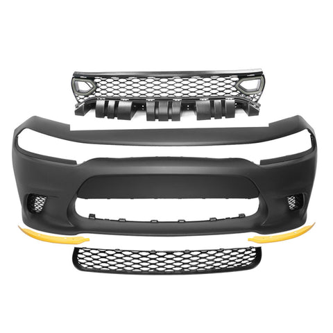 15-19 Dodge Charger Front Bumper Cover + Splitter Guards + Grille w/ Lights