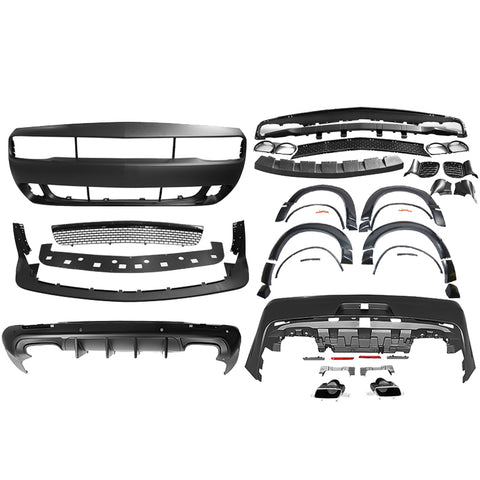 08-14 Dodge Challenger Front Bumper w/ Lip + Rear Bumper w/ V1 Diffuser + Demon Fender Flare