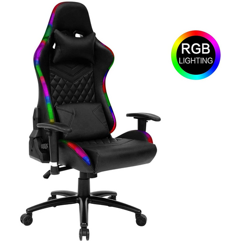 Gaming Chair with RGB LED Lights, Headrest and Lumbar Support, Height Adjustable High-Back Swivel Recliner Ergonomic Office Desk Chair