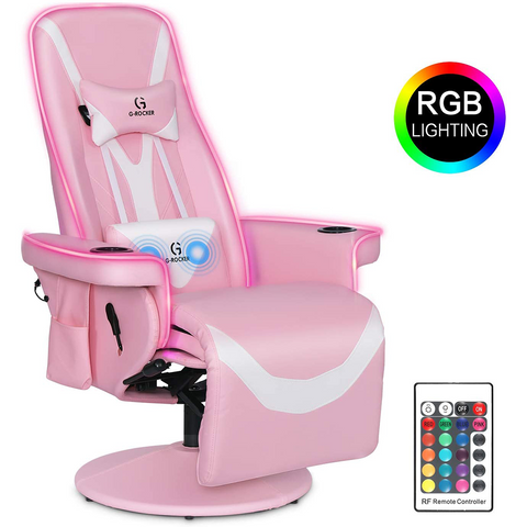 G-ROCKER Queen Throne Video Gaming Chair with RGB LED Lights, High Back Ergonomic Swivel Reclining Chair with Massage Lumbar Support, Backrest and Footrest, Headrest and Cupholders