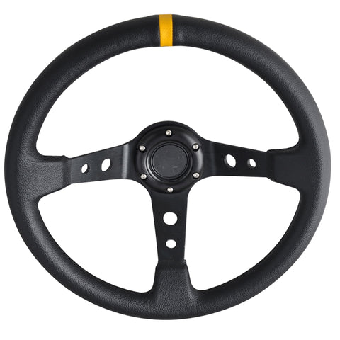 350MM Universal Black PVC Leather Steering Wheel Yellow Deep Dish+ Horn Button
