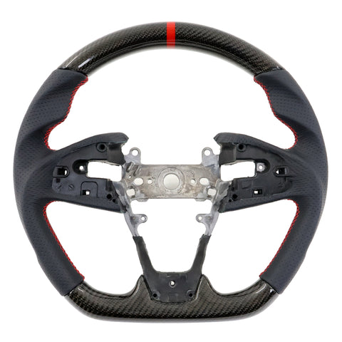 16-21 Honda Civic Steering Wheel Carbon Fiber Leather Red Stitch w/ Ring