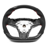 17-23 Tesla Model 3 & Y Carbon Fiber Steering Wheel Alcantara W/ Red Stitch