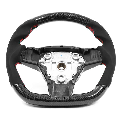 17-23 Tesla Model 3 & Y Carbon Fiber Steering Wheel Alcantara W/ Red Stitch