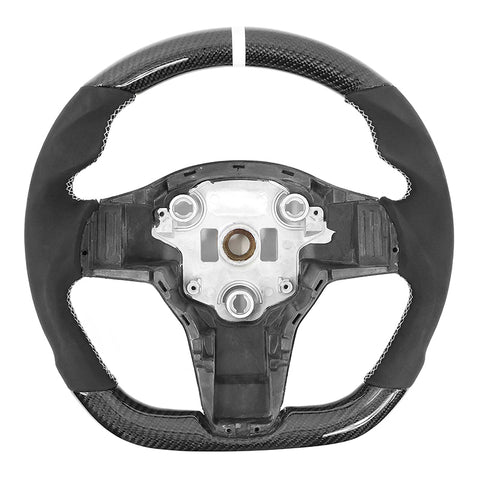 17-23 Tesla Model 3 Y Carbon Fiber Steering Wheel Alcantara W/ White Stitch