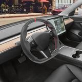 17-23 Tesla Model 3 & Y Steering Wheel CF Leather W/ Red Stitch & Stripe