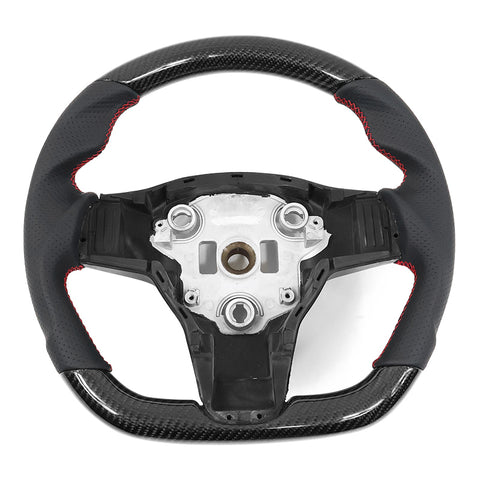 17-23 Tesla Model 3 & Y Steering Wheel Carbon Fiber Leather W/ Red Stitch