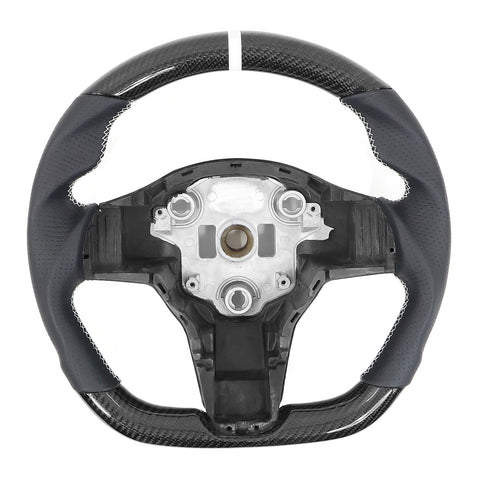 17-23 Tesla Model 3 & Y Steering Wheel Carbon Fiber Leather W/ White Stitch