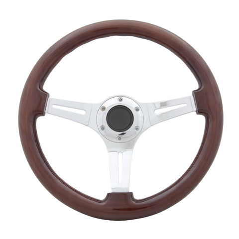 Classic Wood Grain Sport 350MM Steering Wheel Chrome Polish Spokes